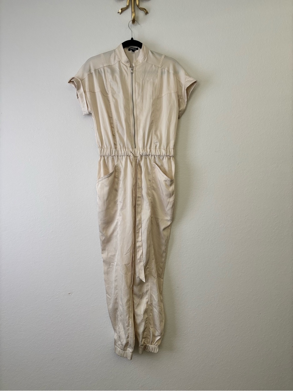 Express Cream Zip-Front Short Sleeve Jumpsuit